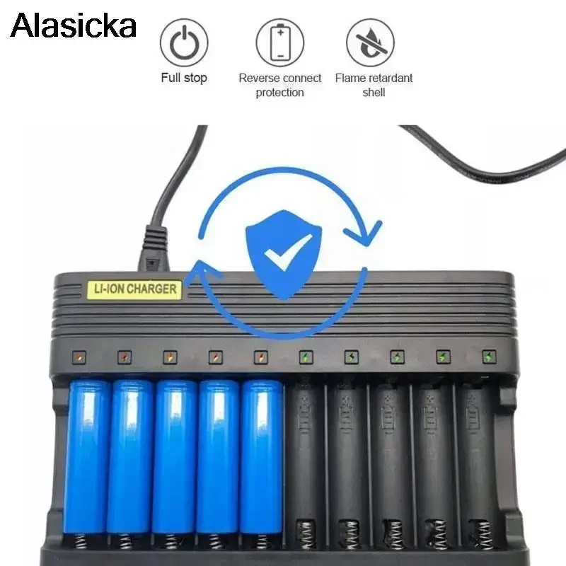 18650 Battery Charger EU 10slots Smart Lithium Charging 14500 16350 18500 USB Output Li-ion Rechargeable Battery Charger