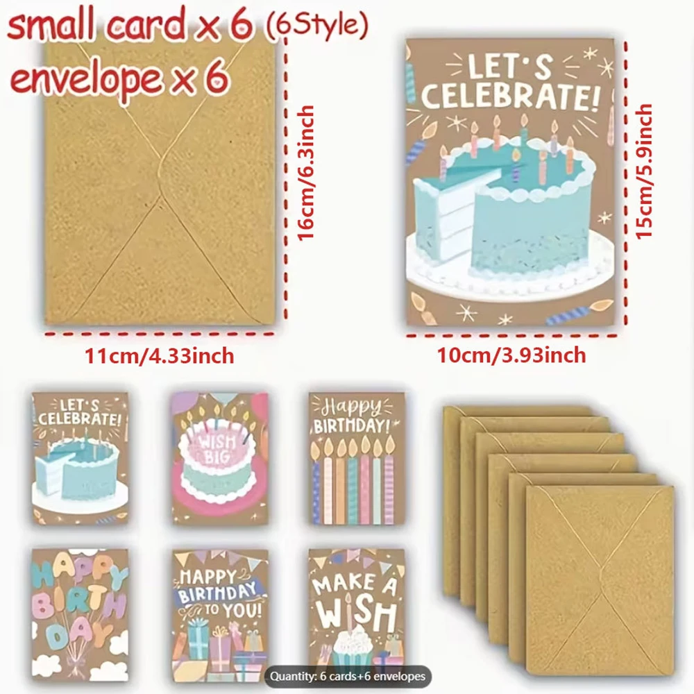 6 cardboards, 6 envelopes, colorful cartoon birthday cards, simple birthday invitation and handwritten blessing cards