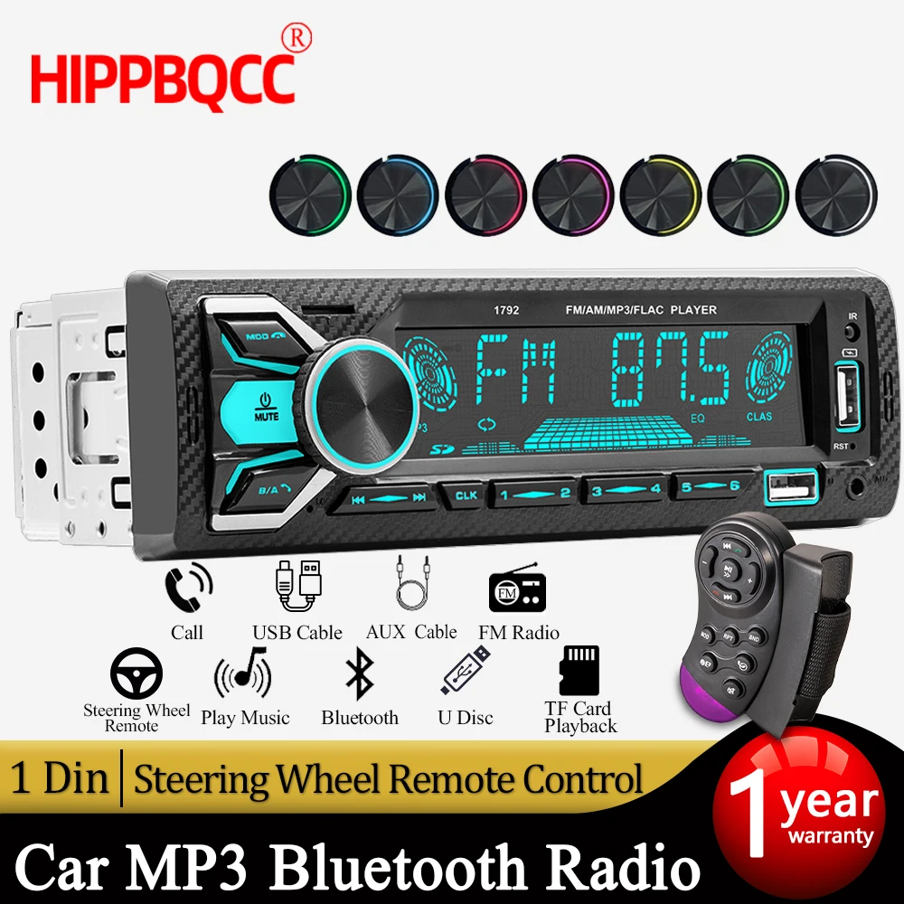Reproductor estéreo MP3 para coche, Radio Bluetooth, Subwoofer de 1din, receptor FM ligero de 7 colores con Control remoto, tarjeta AUX/USB/TF en el Kit de tablero