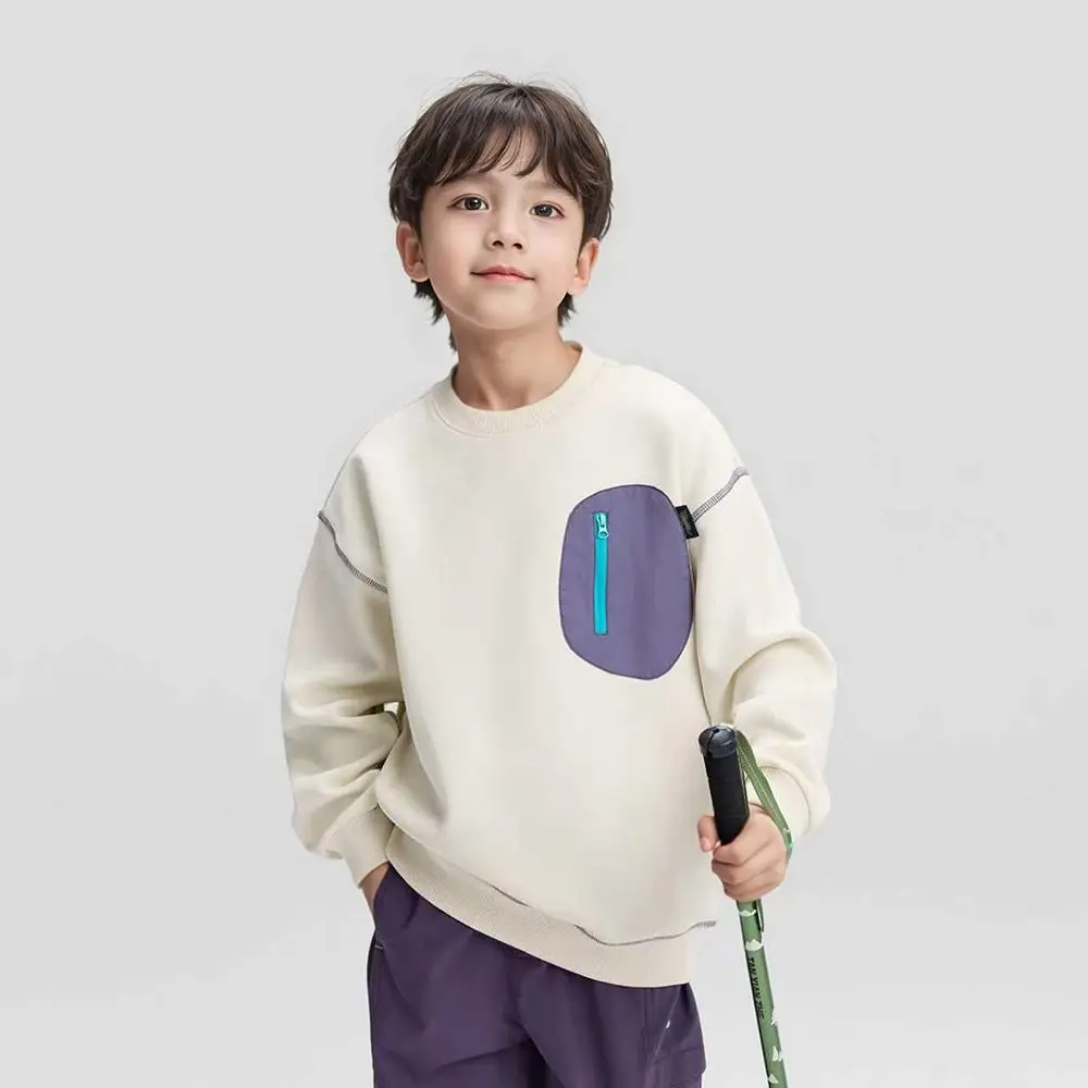 Mountain Style Boys Sweatshirt Cotton Outdoor Colorblock Pocket Top Autumn Spring Casual Crewneck Kids Shirt
