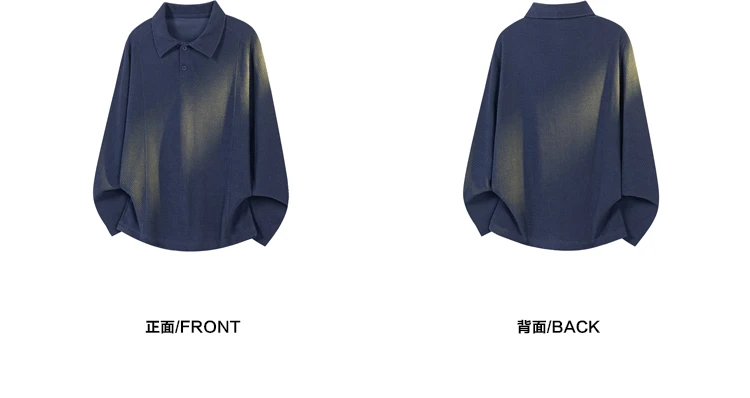 Herren-Poloshirt mit strukturierter Oberfläche, langen Ärmeln, Reverskragen, lockerer, übergroßer Passform, lässig, für den täglichen Gebrauch, einfarbig, modische Oberteile für Herren. – Detail 11