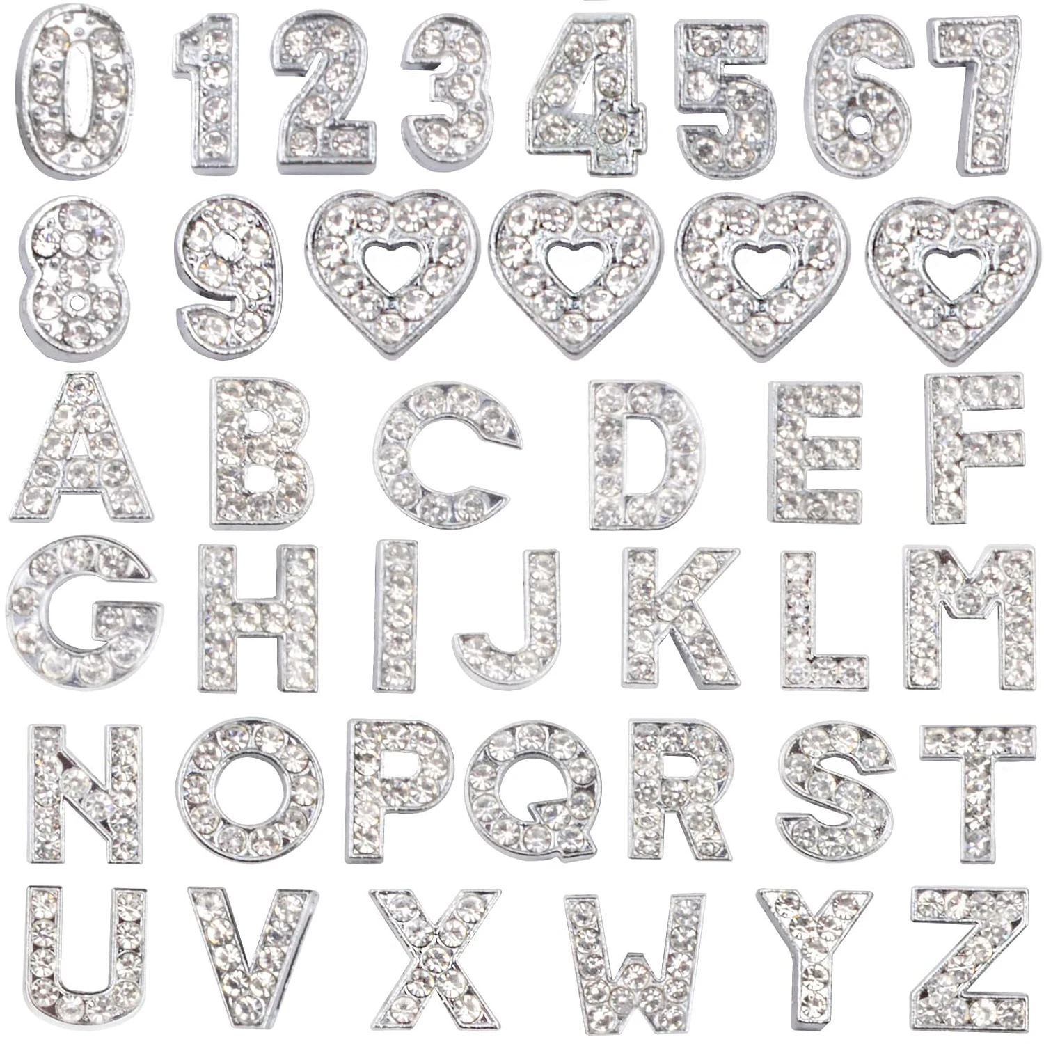 

40pcs Full Rhinestones Slide Charms Alloy Crystal Alphabet Letters A-Z with Numbers 0-9 and Hearts for DIY Bracelets Wristbands