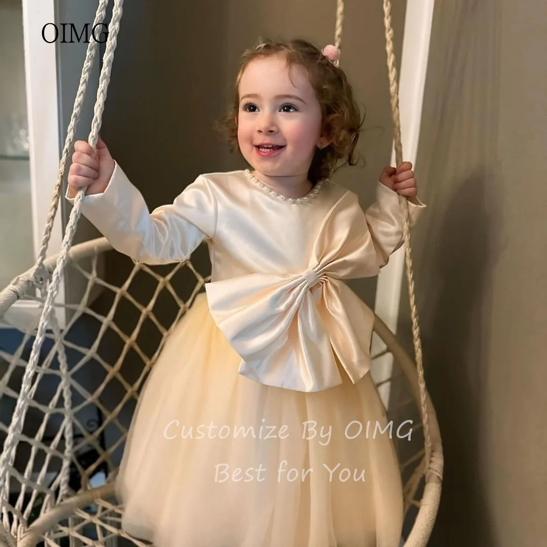 OIMG Cute Ball Flower Girl Dresses Full Sleeves With Bow/Pearl Gown Wedding Party Dress Princess Birthday Dress Customized