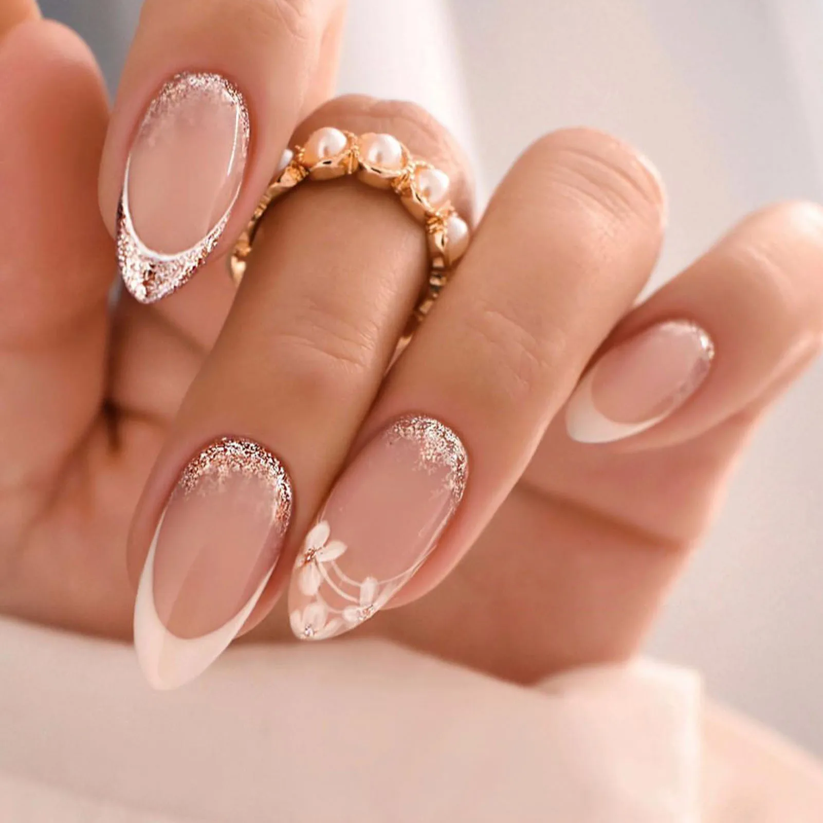 Nude with White Tip Almond Fake Nails Natural Unbreakable Nail Simple Wear for Shopping Traveling Dating