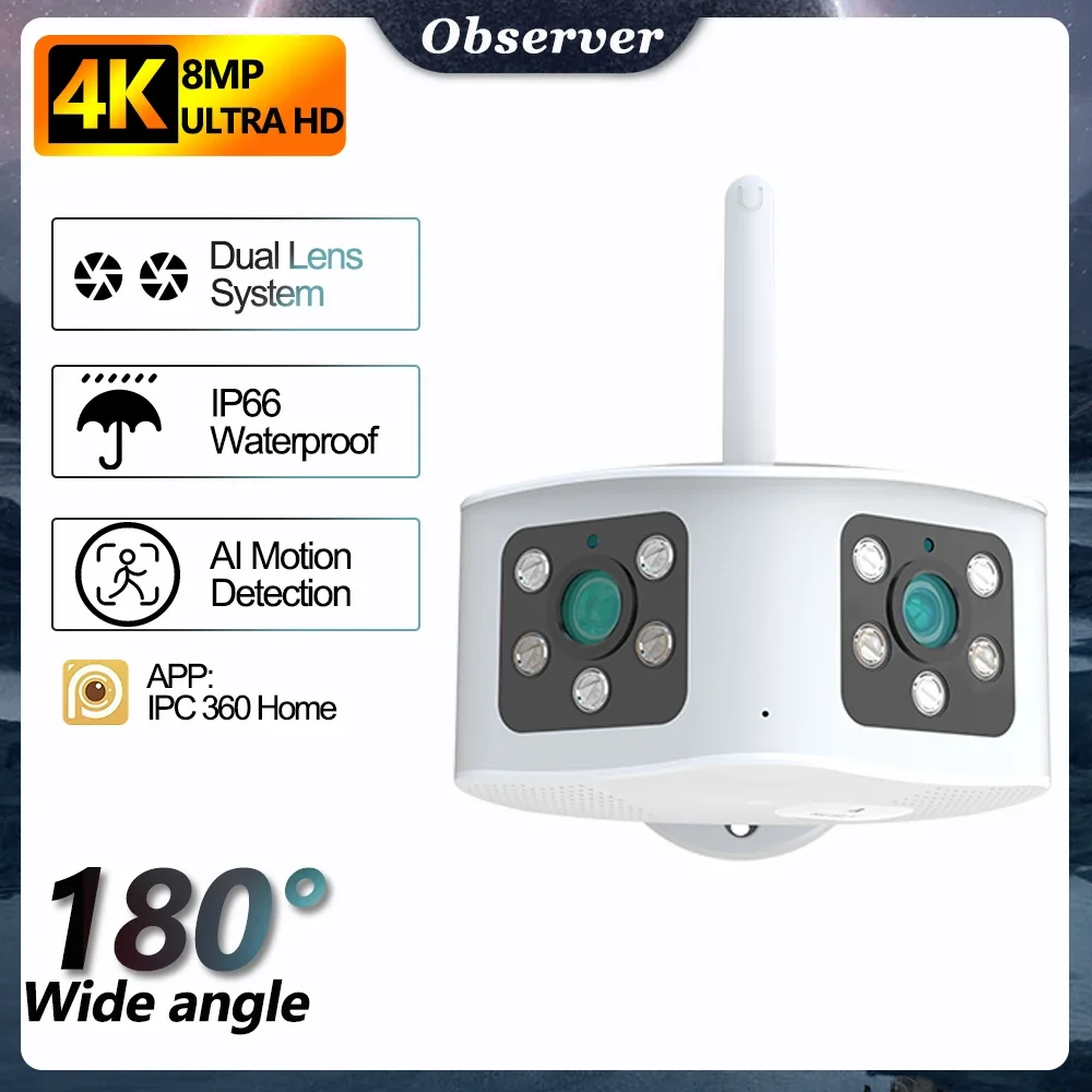 

4K 8MP Dual Lens Dual Screen Wifi Survalance Camera Outdoor 180° Ultra Wide Angle Binocular IP Cam Smart Home IP66 Security CCTV