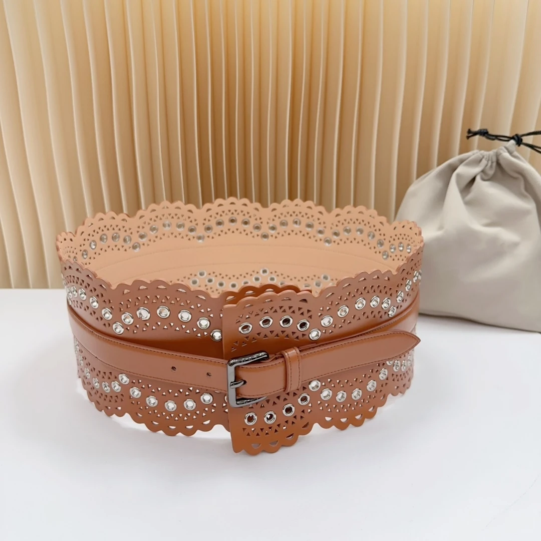 12 CM Wide Cummerbunds Female Luxury Brand Top Quality Hollow Pattern Pin Buckle Fashion Italian Handmade Accessory Waist Belt