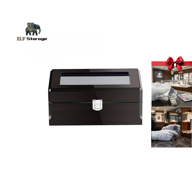 European-style high-end lacquered ebony wood watch storage box, suitable for personal bedroom use and watch shop display.