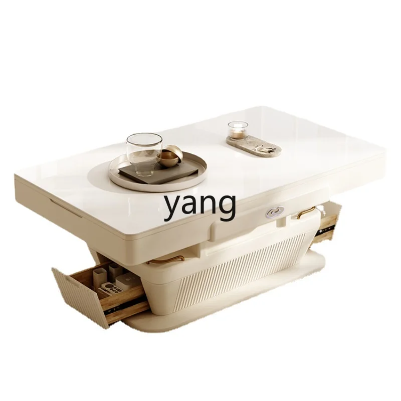 

Yjq Lifting Stone Plate Tea Table Folding Dining Table Double-Use Living Room Home Small Apartment Cream Style