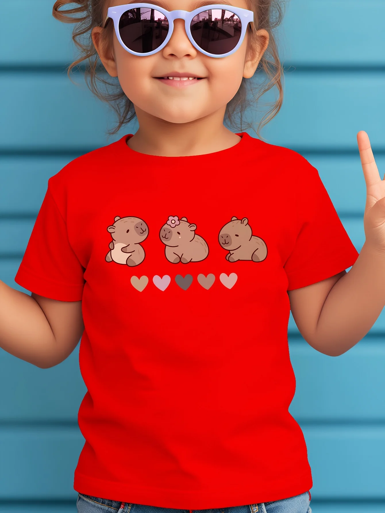 Cute Three Capybara Heart Cartoon Tee Boys Girls Family Matching Short Sleeve Soft Breathable Parent Child Daily Comfort Tops