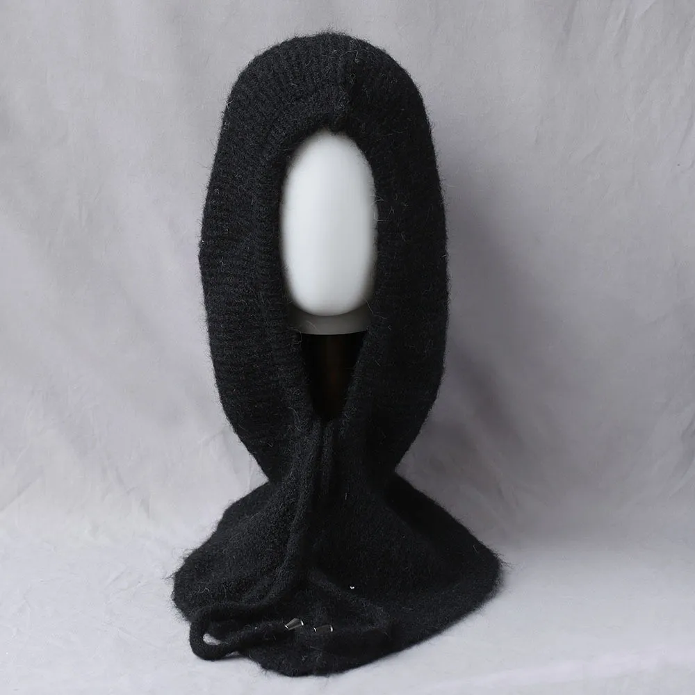 Trendige Winter-Balaclava-Mütze aus dickem Garn mit Ohrenschutz, einfarbige, gemütliche Fleece-Beanie-Mütze mit integriertem Schal – Detail 9