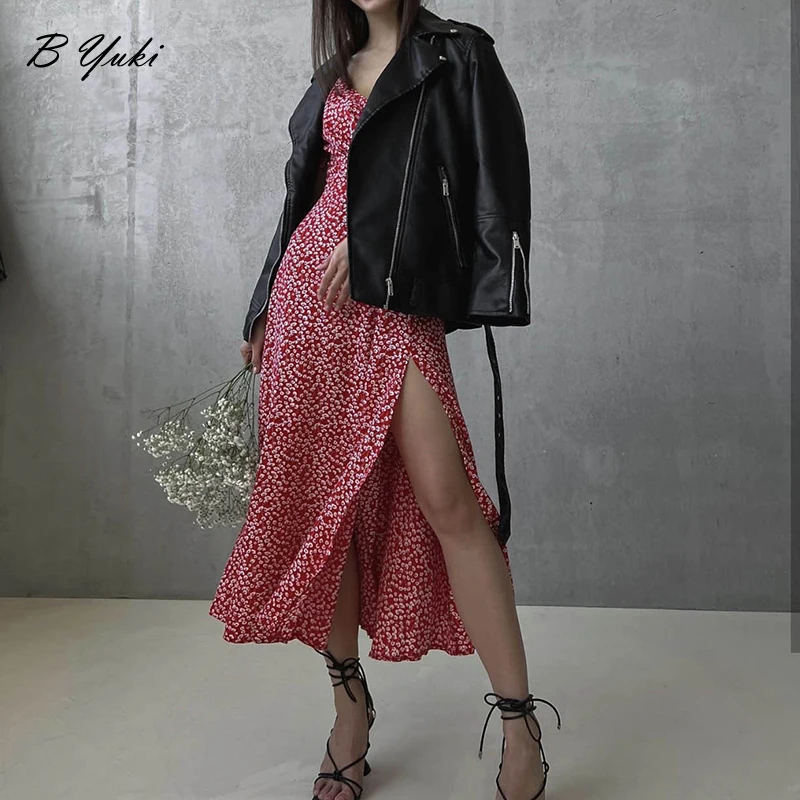 Blessyuki Summer Cute Flower Puff Sleeves Dresses Women Sexy V-neck Slit Beam Waist Long Dress Female Vintage Elegant Red Dress