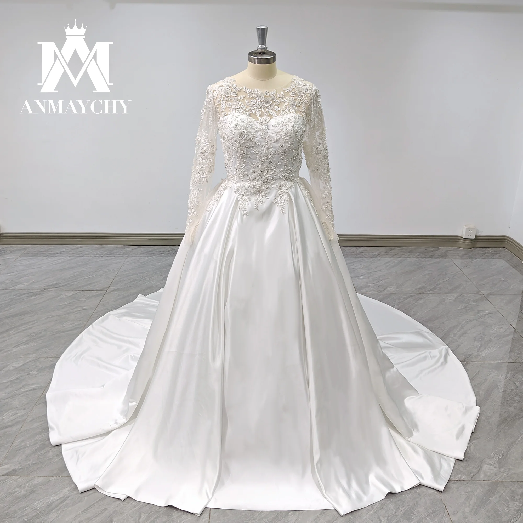 

ANMAYCHY A-Line Wedding Dress Real photos 2023 Bride Long sleeve TASSEL Appliques Beading Satin Wedding Gown Vestidos De Novia