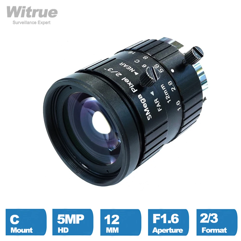 Witrue Industrial CCTV Lens 12mm HD 5MP C Mount Aperture F1.6 Image Formate 2/3