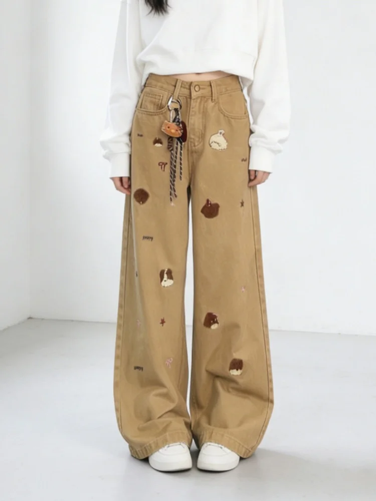 

American Style High Waist Loose Fit Embroidered Denim Pants Women's Khaki Straight Leg Wide Leg Pants Casual Wear