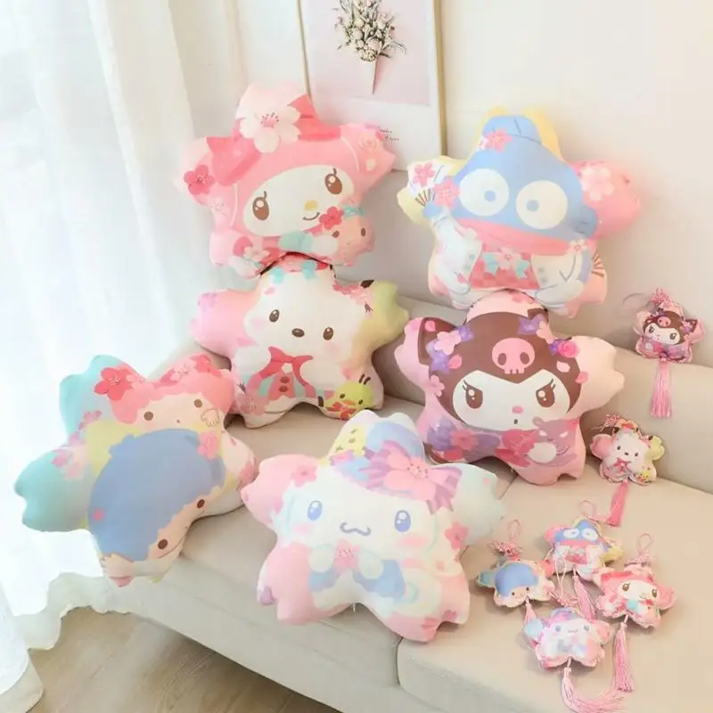 

Мультяшная милая плюшевая подушка Sanrio Kuromi Mymelody Cinnamoroll с цветком вишни, диванная подушка для гостиной, подголовник, детский подарок