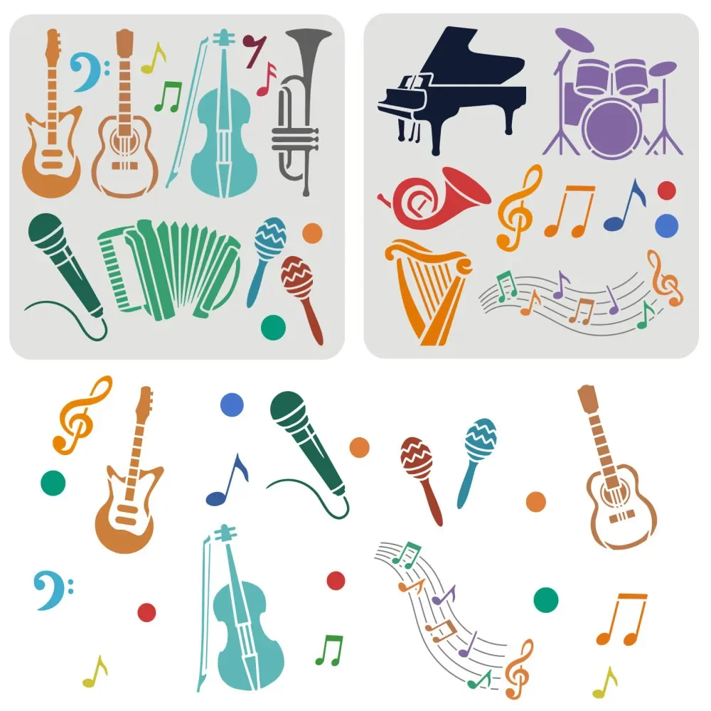 2pcs Musical Instruments Stencils Reusable Music Drawing Rock Band Orchestra Stencil for Painting on Wood Floor Furniture Wall