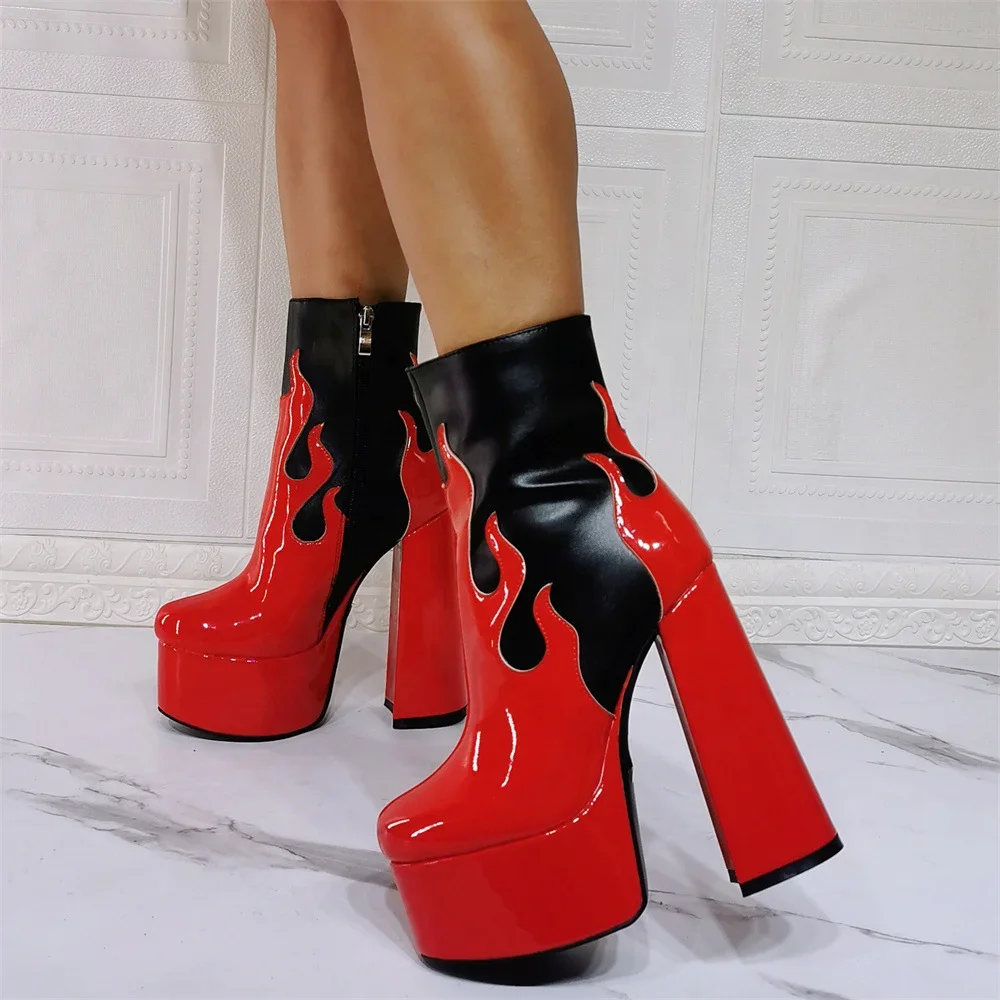 Hot Red Fire Print Platform Boots Fashion Women High Chunky Heel Ankle Boots Winter Short Custom Big Size 47