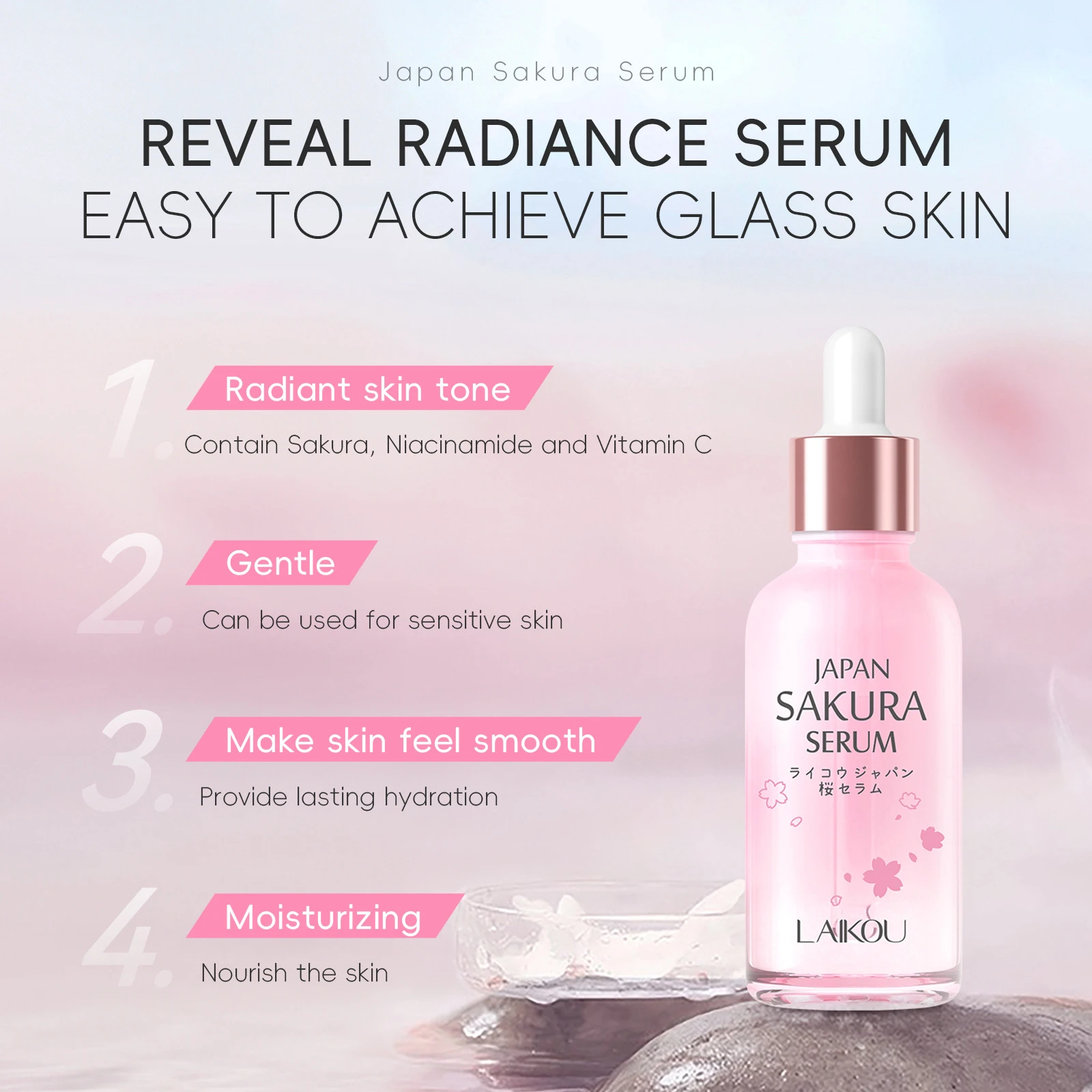 

LAIKOU Japanese Sakura Essence Serum, Intense Hydrating Facial Moisturizer for All Skin Types, Pore Minimizer Treatment 30ml