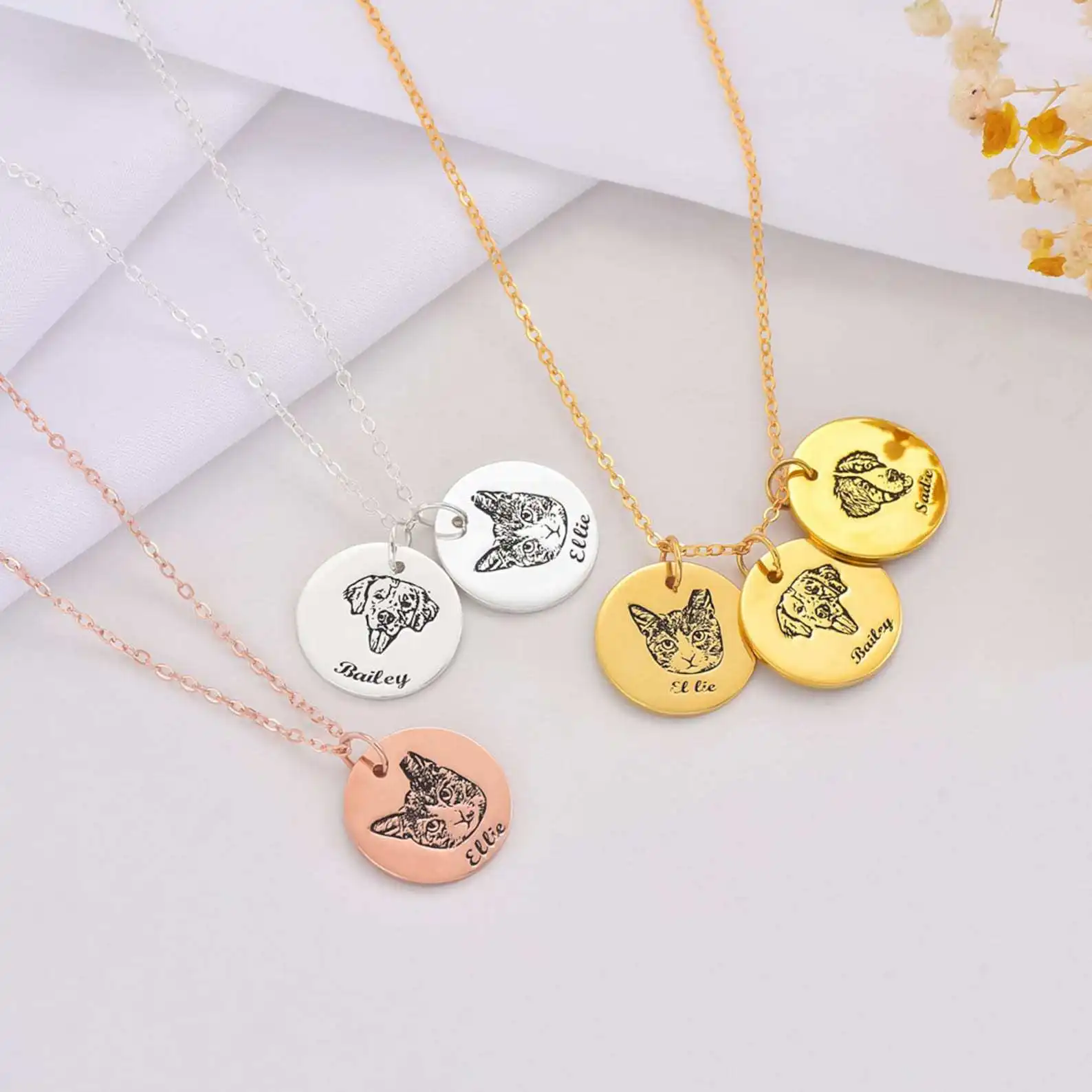 Personalized Pet Memorial Necklace, Custom Caricature Pendant with Name, Dainty Realistic Photo Jewelry