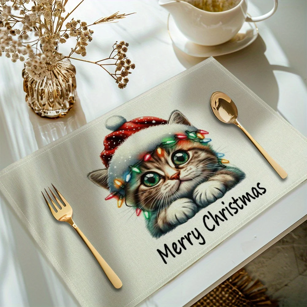 Festive Christmas Cat Placemats - 30x40cm Polyester Table Mats For Holiday Dining Decor, Best For Christmas