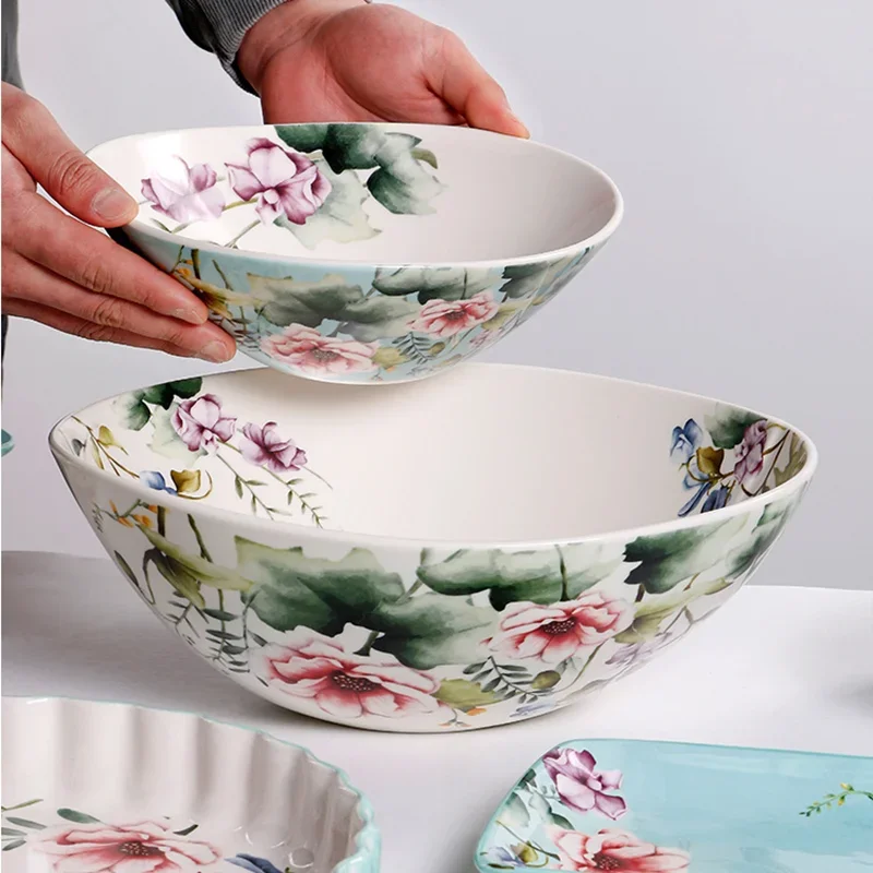 Rural Style Tableware, Hand-painted Ceramic Plates, Double Ear Soup Bowls, Rice Bowls, Noodle Bowls, Fruit Plates, Baking Pans