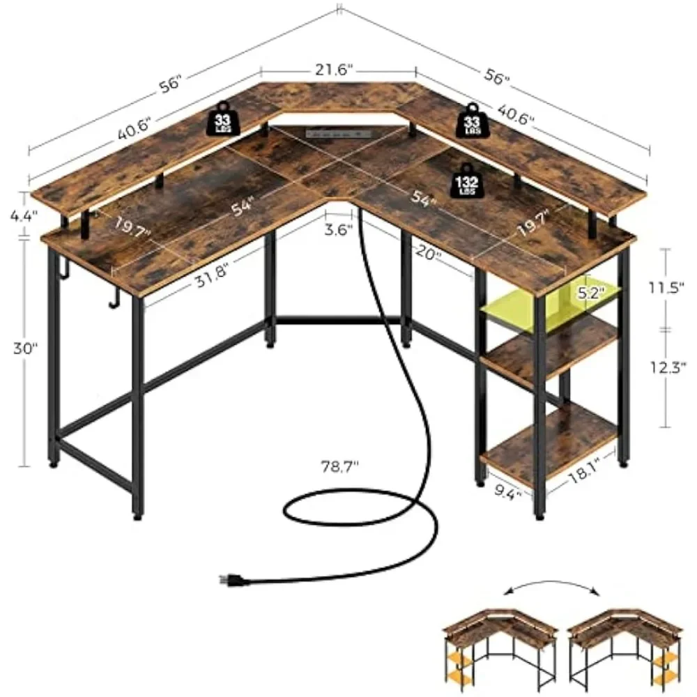 L Shaped Gaming Desk with LED Lights & Power Outlets, 56" Computer Desk with Full Monitor Stand & Storage Shelf, with Hooks