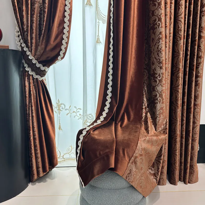 Custom European luxury classical shading bronzing velvet red bedroom livingroom cloth blackout curtain tulle valance drape M1737