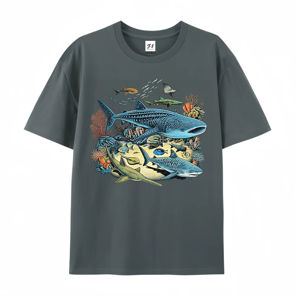 Unisex Vintage Ocean Shark Graphic T-shirt Men Women Casual Loose Short Sleeve Cotton Tee Marine Life Coral Streetwear Tops