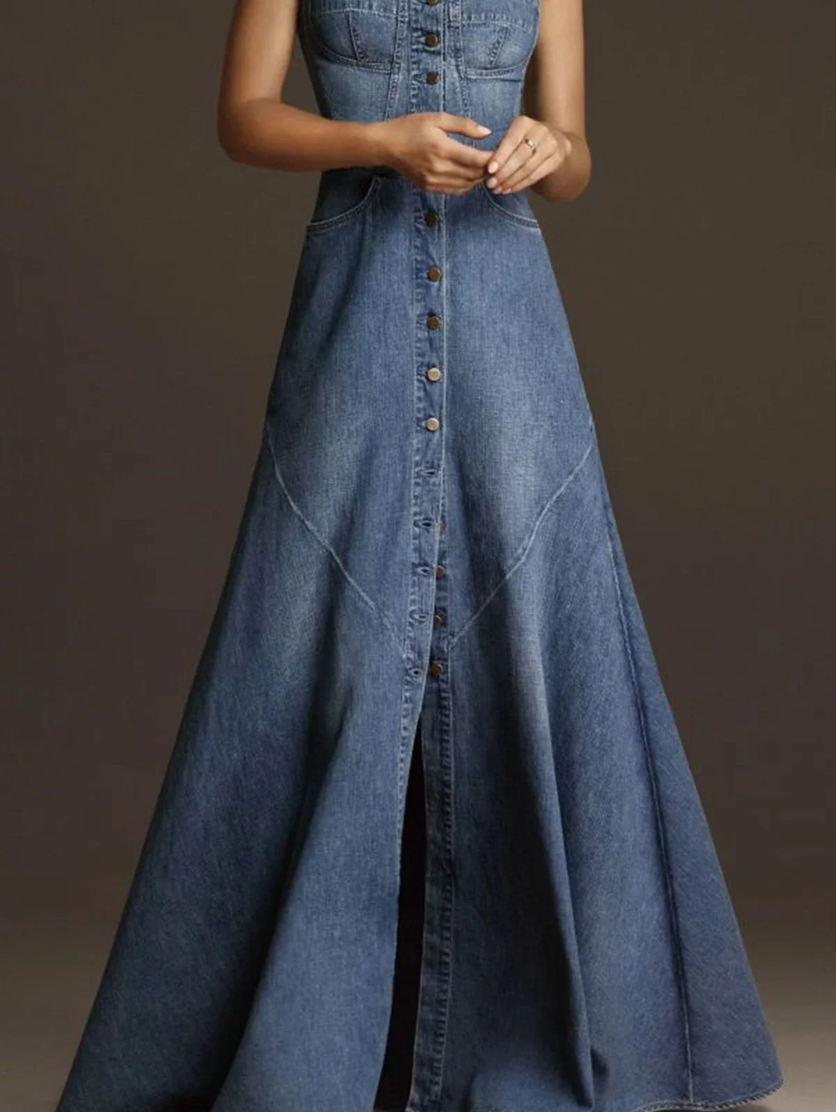 Elegant Denim Long Dress Women 2024 Summer New Casual Retro All-match Dresses Female Single Button A-line Split Hem Vestidos