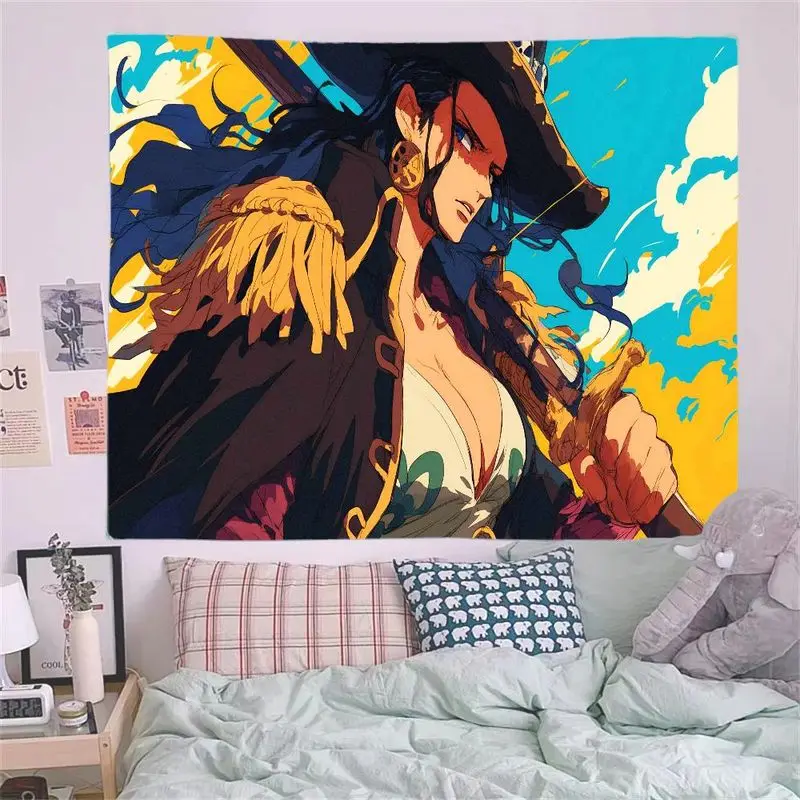 Arazzo pirata femminile estilizzato da 1 pezzo con capelli lunghi scuri e spada, sfondo cielo blu vibrante, decorazione da parete per soggiorno in camera da letto