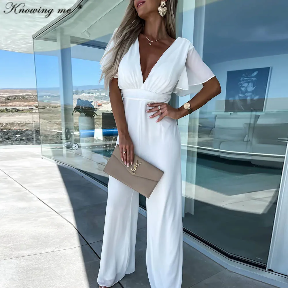 

Lady Sexy Deep V neck jumpsuit women summer Solid color Flared Sleeve Romper Elegant back zipper high waist one piece set