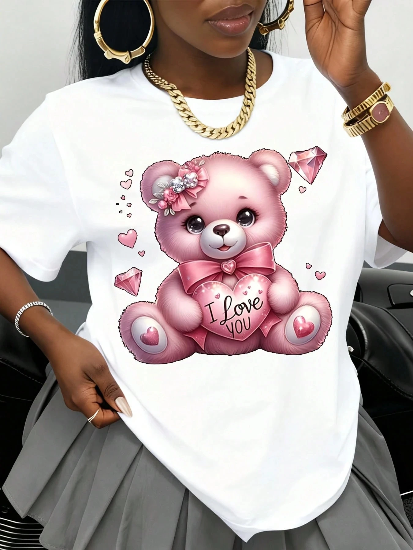 Camiseta estampada con oso rosa para mujer, diseño de amor de mano, pantalón corto informal fresco y versátil, Top de manga estilo Y2k 2026