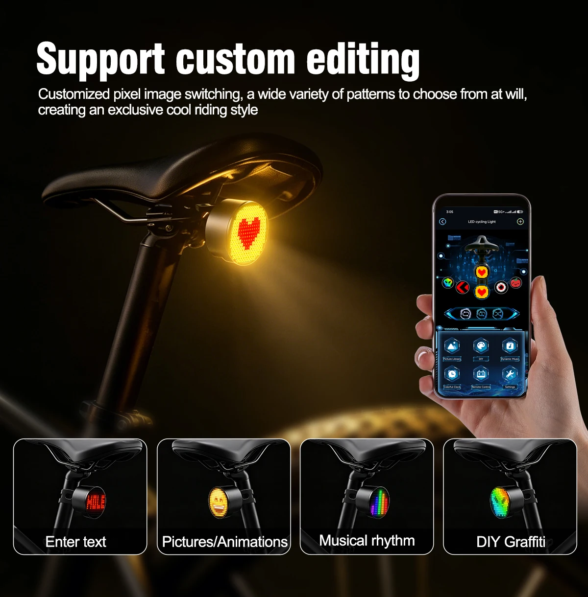 Intelligent DIY Pixel Bicycle Tail Light Bluetooth APP Custom Pattern RGB LED Bicycle Rear Light Wireless Remote Control Turn Warning Light Type-C Charging Mountain Road Bike Riding Tail Light