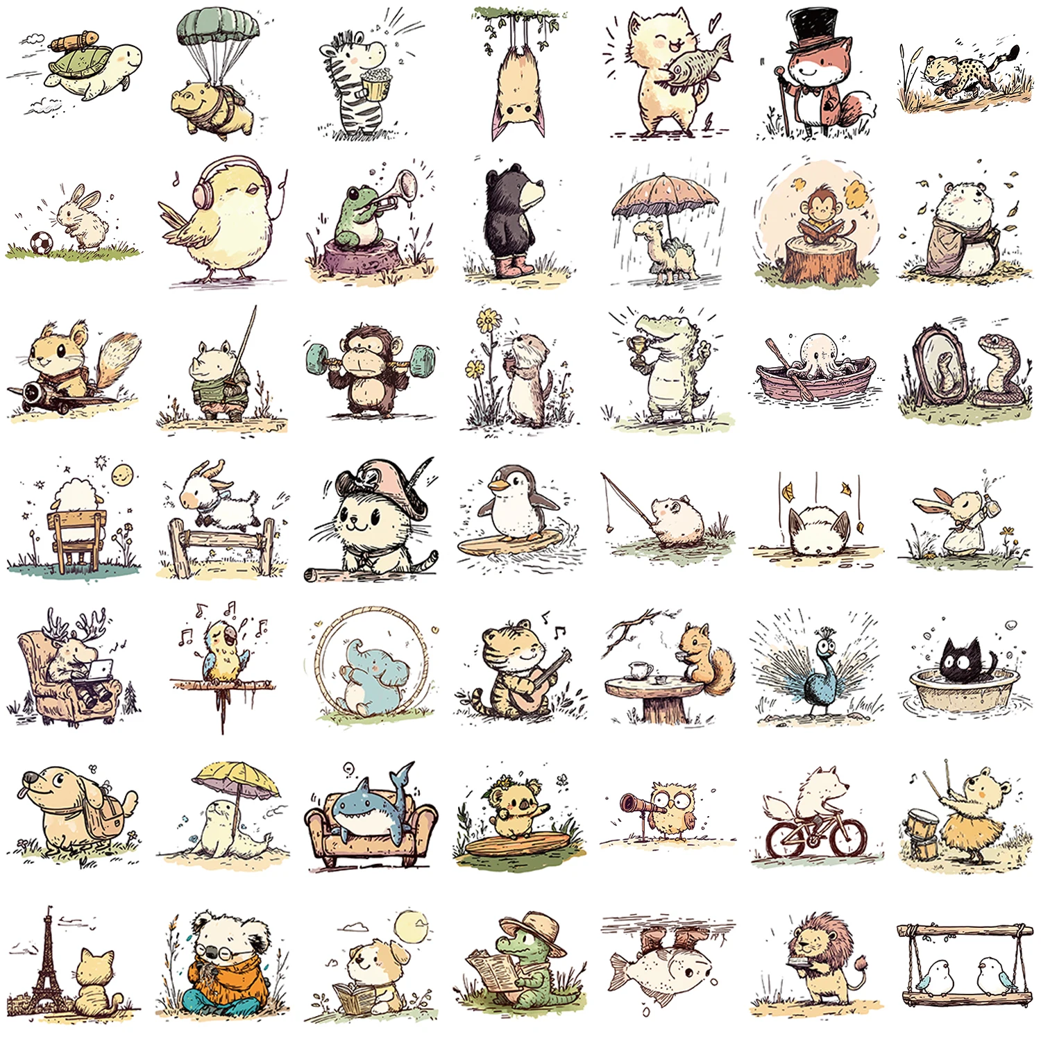 50PCS Nostalgic Style Cute Hand Drawn Animals Fun Daily Sticker Waterproof PVC DIY Cup Laptop Guitar Luggage Scrapbook DIY Gift