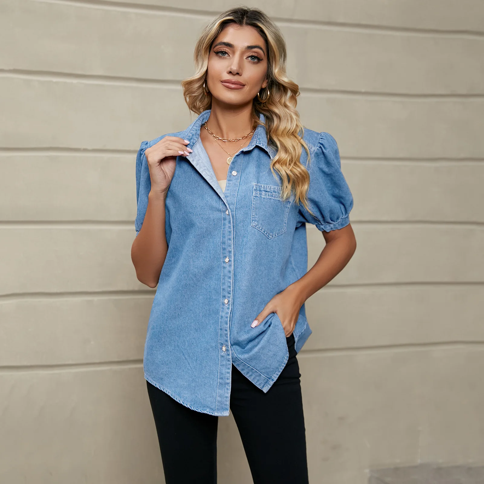 Europäische und amerikanische Mode neue Joker Princess Ärmel Revers dünnes Jeanshemd Freizeithemd Flut Damenbekleidung