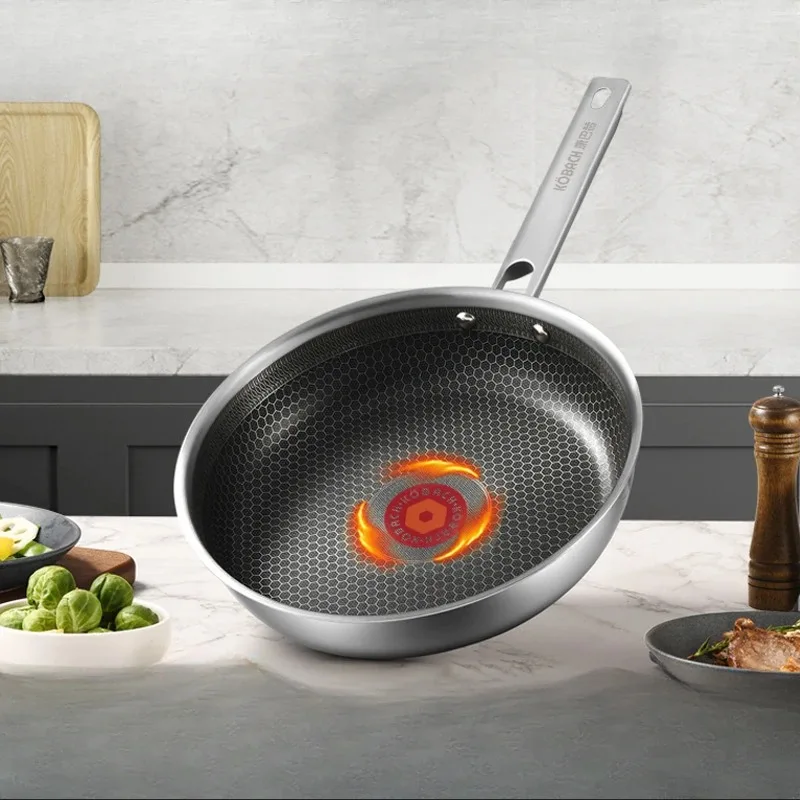 304 Stainless Steel Flat Bottomed Double-sided Honeycomb Non Stick Wok Home Steak Frying Pan Kitchen Cookware