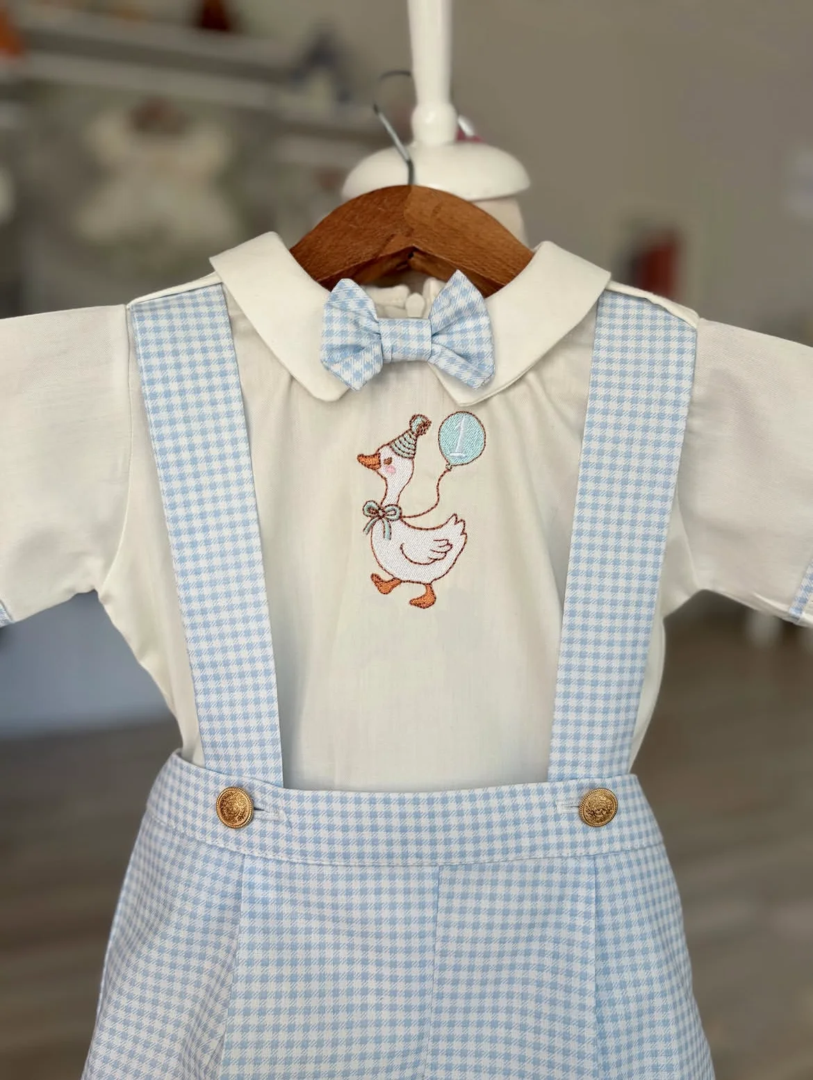 Summer Blue Plaid Duck Embroidery Baby Boy Outfit Set Short Sleeve Shirt with Bowtie for Birthday Party Costume  B614