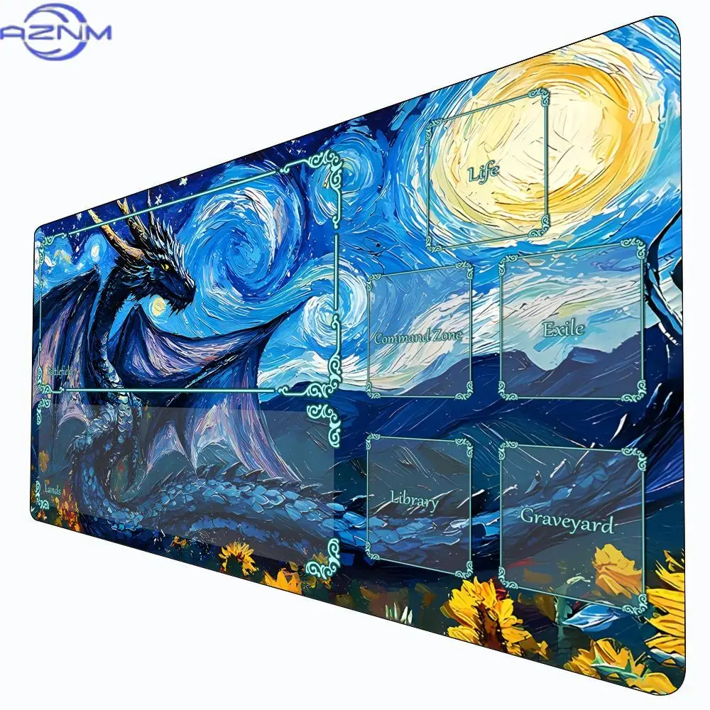 Tapis de jeu  style Van Gogh avec motif de dragon géant, tapis de combat pour cartes Magic, bords cousus antidérapants, tapis de