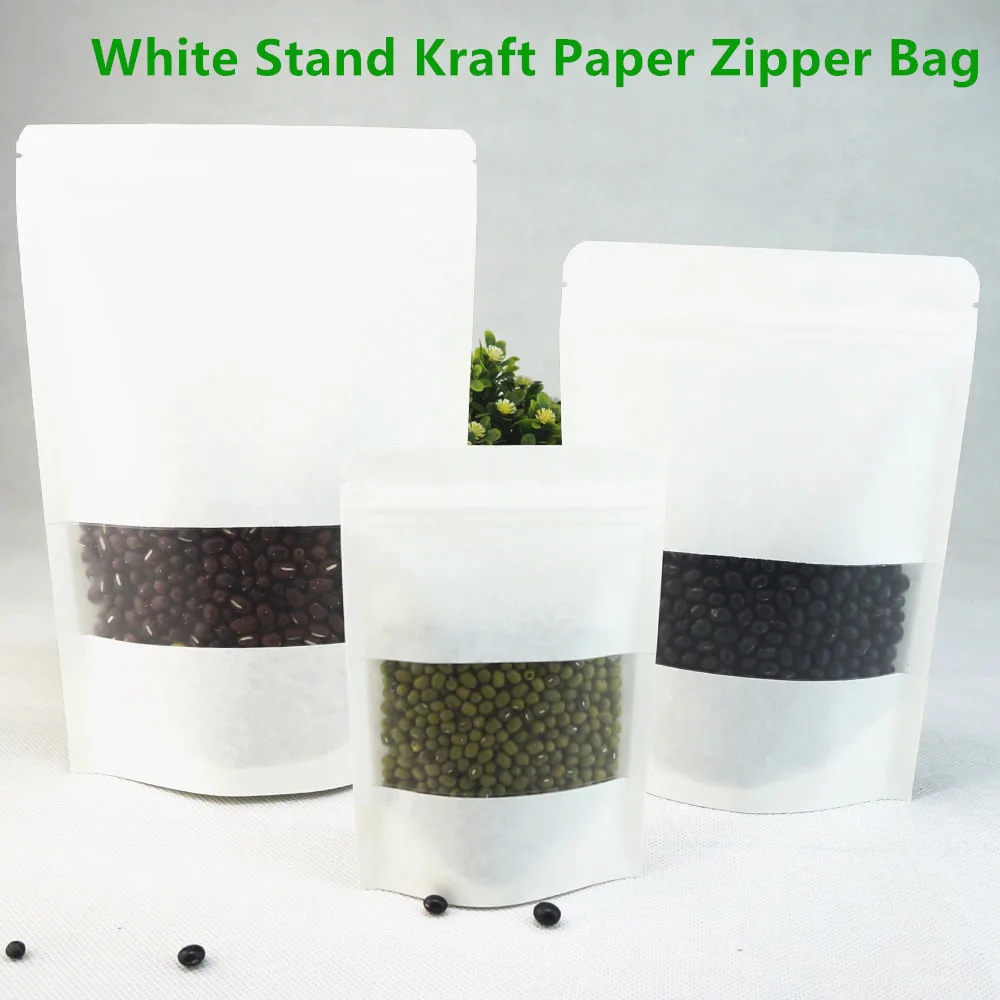 

100pcs Resealable White Stand Kraft Paper Zip Lock Bags with Matte Clear Window / Self-standing Up Craft-Paper Nut Packing Pouch