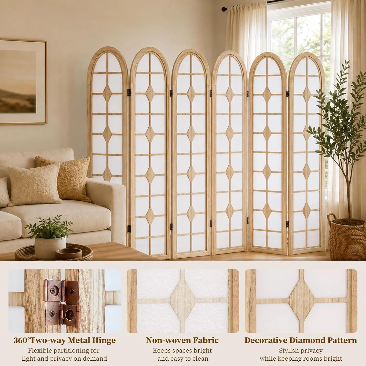 6 Panel Folding Room Divider Shoji Screen Paulownia Wood 94.5in Wide Office Partition Space Separator, Customized