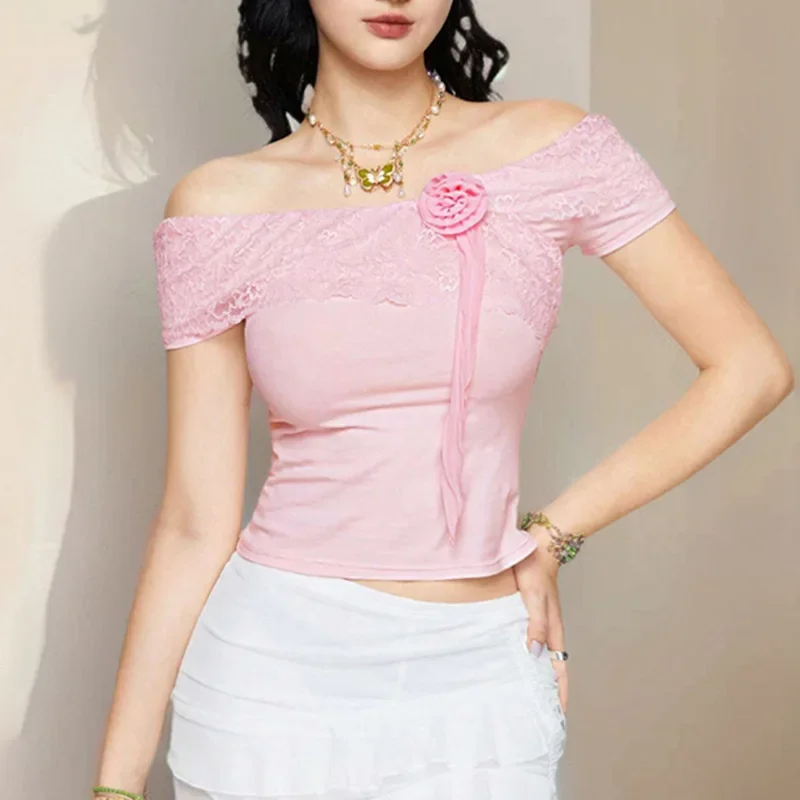 

Pink Slim Solid Slash Neck Short Sleeve Tees Sweet Patchwork Lace Tie Flower T Shirt Women 2024 Summer Fashion Streetwear