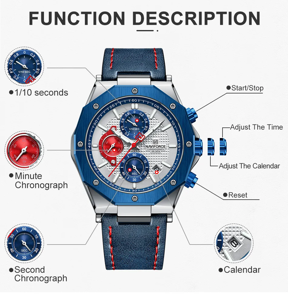 Luxo naviforce relógios para homens moda pulseira de couro militar à prova dmilitary água esporte cronógrafo relógio de pulso de quartzo com data