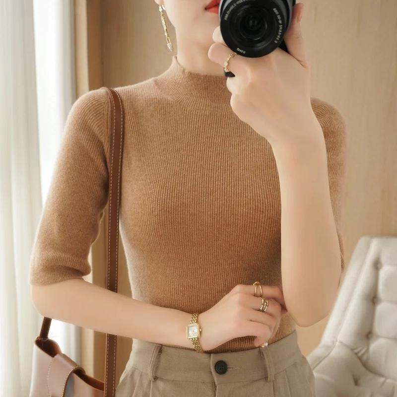 Simple Woolen ort Sve Five-Quarter Turn-Ne Knitted Base irt Women's Sli Slim Fit Spring Autumn Winter Top