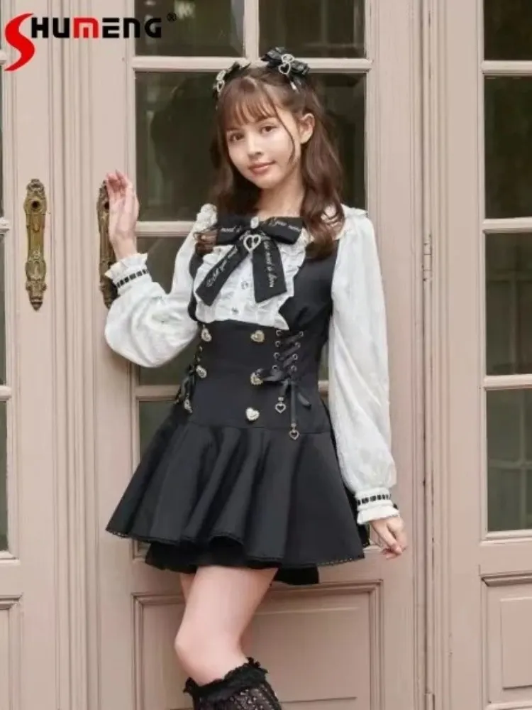 

Japanese Mines Style Mass-produced Y2k Bow Embroidered Lace-up Long Sleeve Short Dress High Waist Shorts 2 Pieces Set For Women