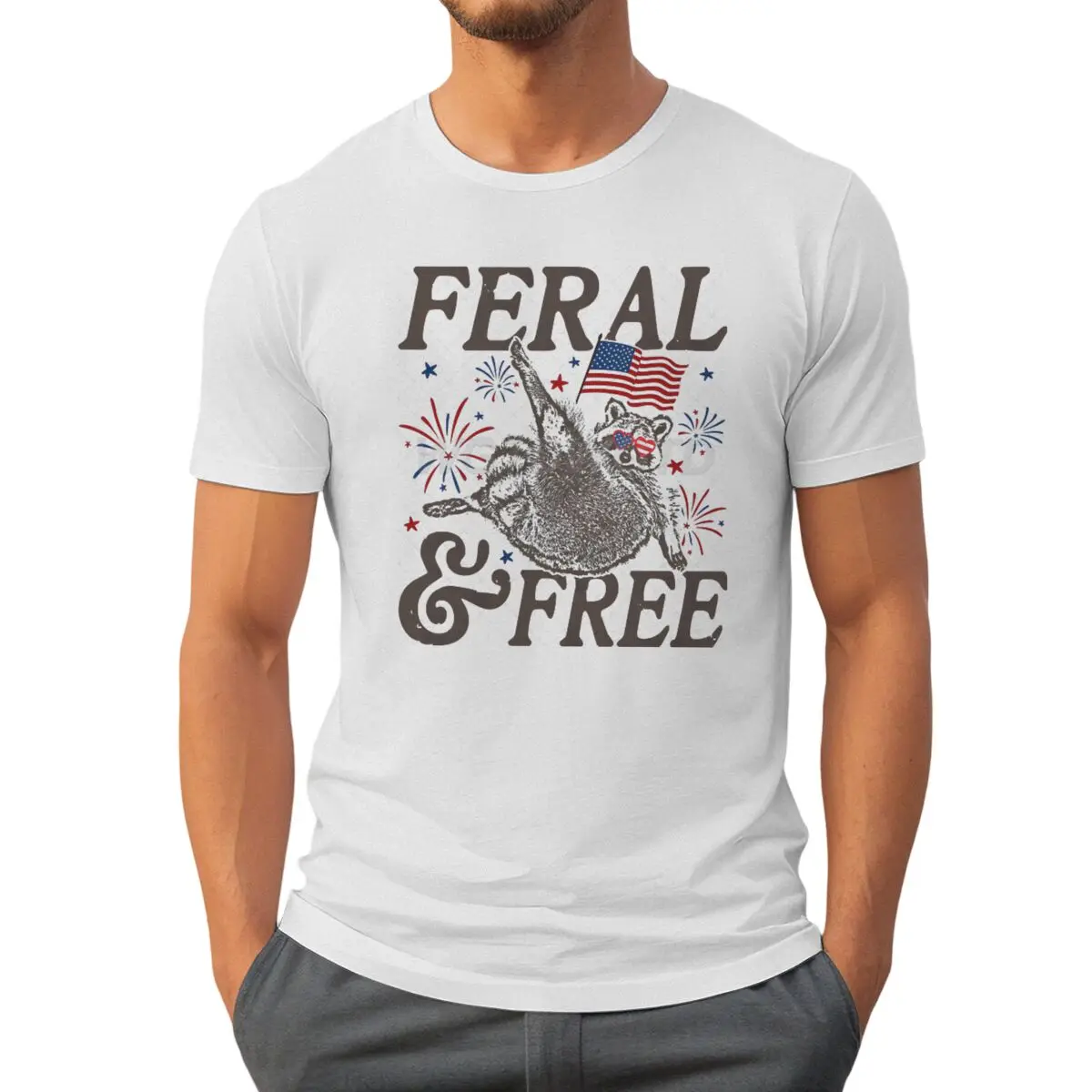 

4th Of July Raccoon Feral & Free Print T-Shirts Summer Short Sleeve T Shirts Casual Summer Tees Tops Independence Day T-shirt