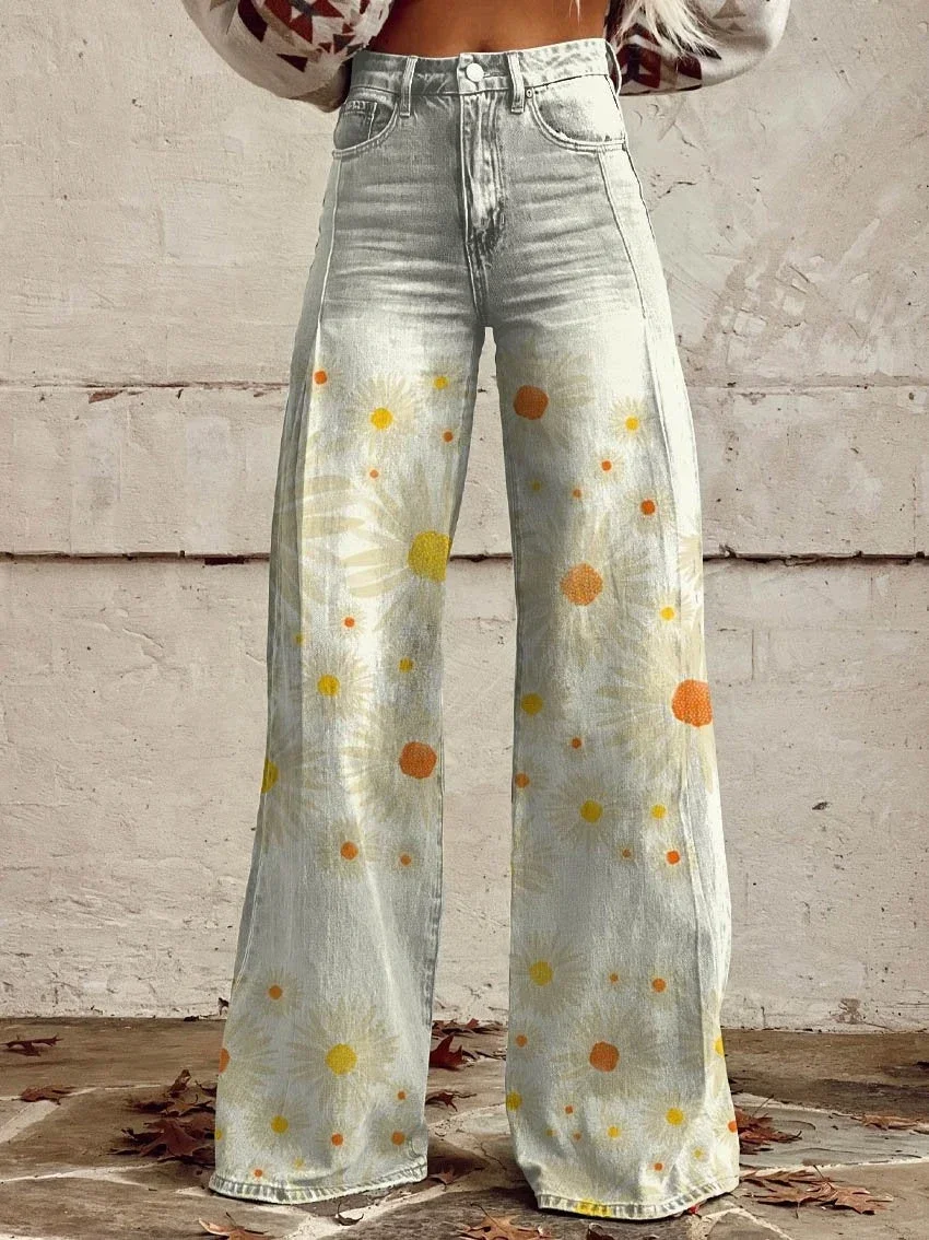 Pantalones acampanados de girasol retro para mujer, pantalones casuales, cómodos, de pierna ancha, a la moda, S