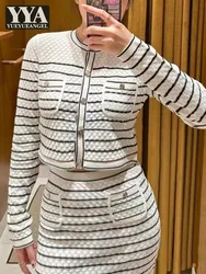 Casual Women Striped Knitted Short Cardigan High Waist Long Skirt Two Piece Set Spring Autumn Office Ladies Elegant Matching Set