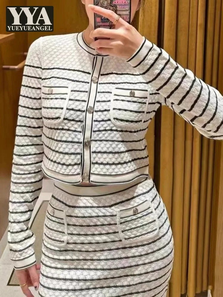 Casual Women Striped Knitted Short Cardigan High Waist Long Skirt Two Piece Set Spring Autumn Office Ladies Elegant Matching Set