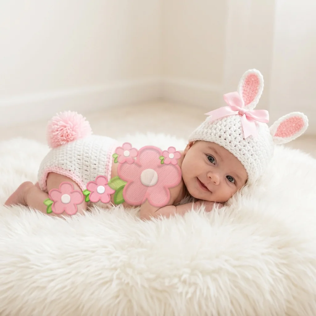 Newborn Photography Props Bunny Outfit Handmade Crochet Baby Hat & Diaper Cover Set Infant Rabbit Costume Photo Shooting Gift