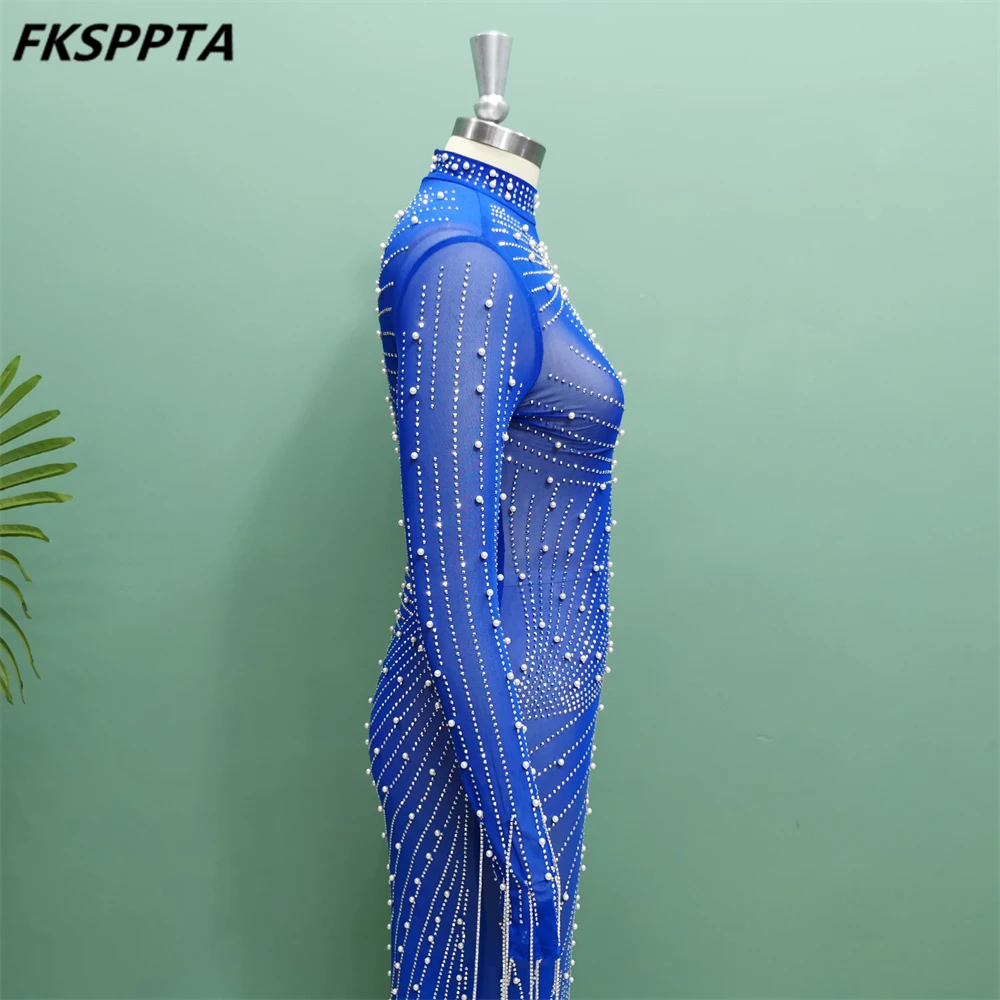 Vestido De sirena azul real para mujer, vestido De noche De manga larga con perlas De tul para ocasiones especiales, 2024